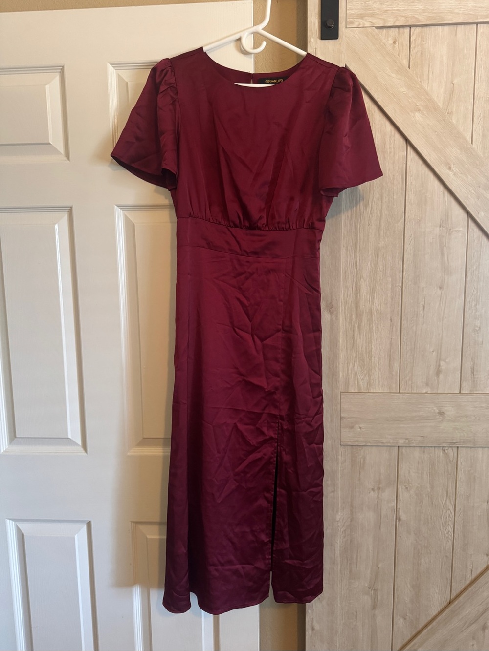 Sugarlips Burgundy Midi Dress with Flutter Sleeves
